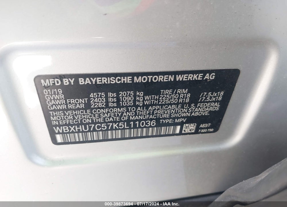 2019 BMW X1 SDRIVE28I VIN: WBXHU7C57K5L11036