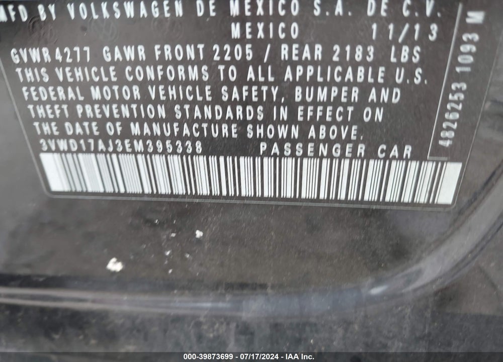 2014 VOLKSWAGEN JETTA SE VIN: 3VWD17AJ3EM395338