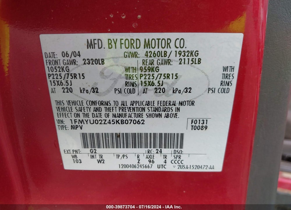 2005 FORD ESCAPE XLS VIN: 1FMYU02Z45KB07062