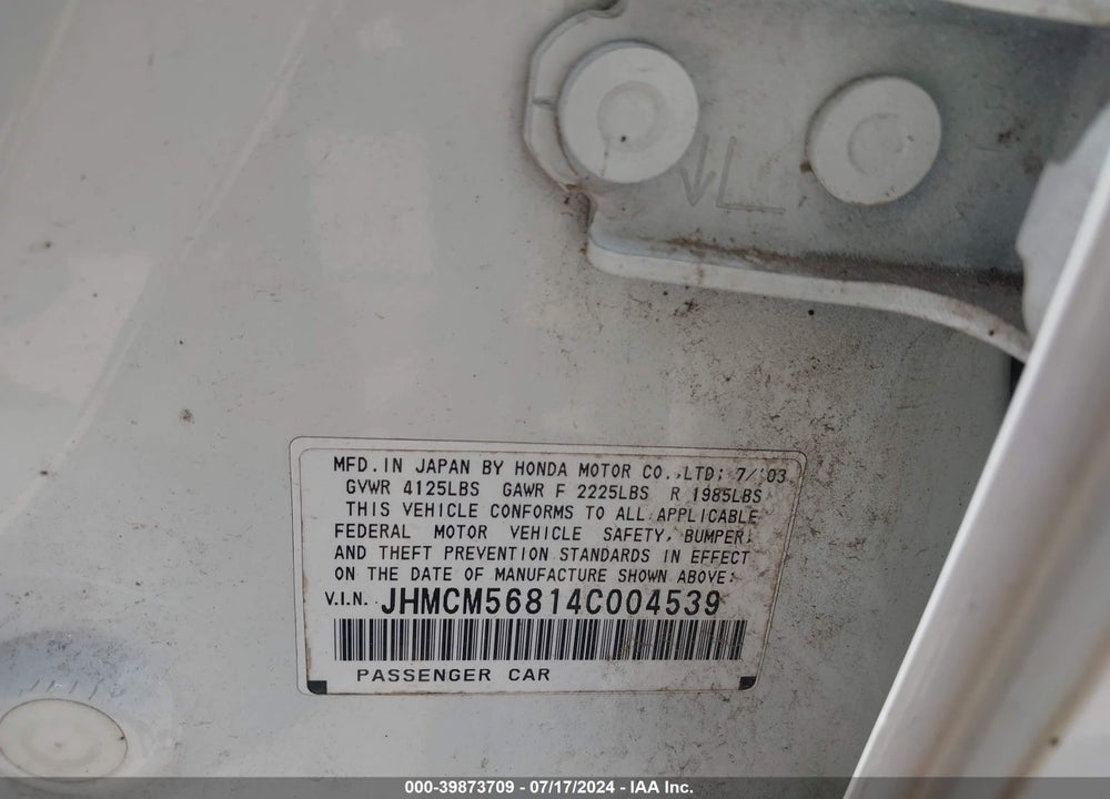 2004 HONDA ACCORD VIN: JHMCM56814C004539