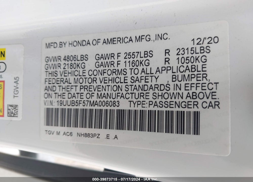 2021 ACURA TLX A-SPEC PACKAGE VIN: 19UUB5F57MA006083