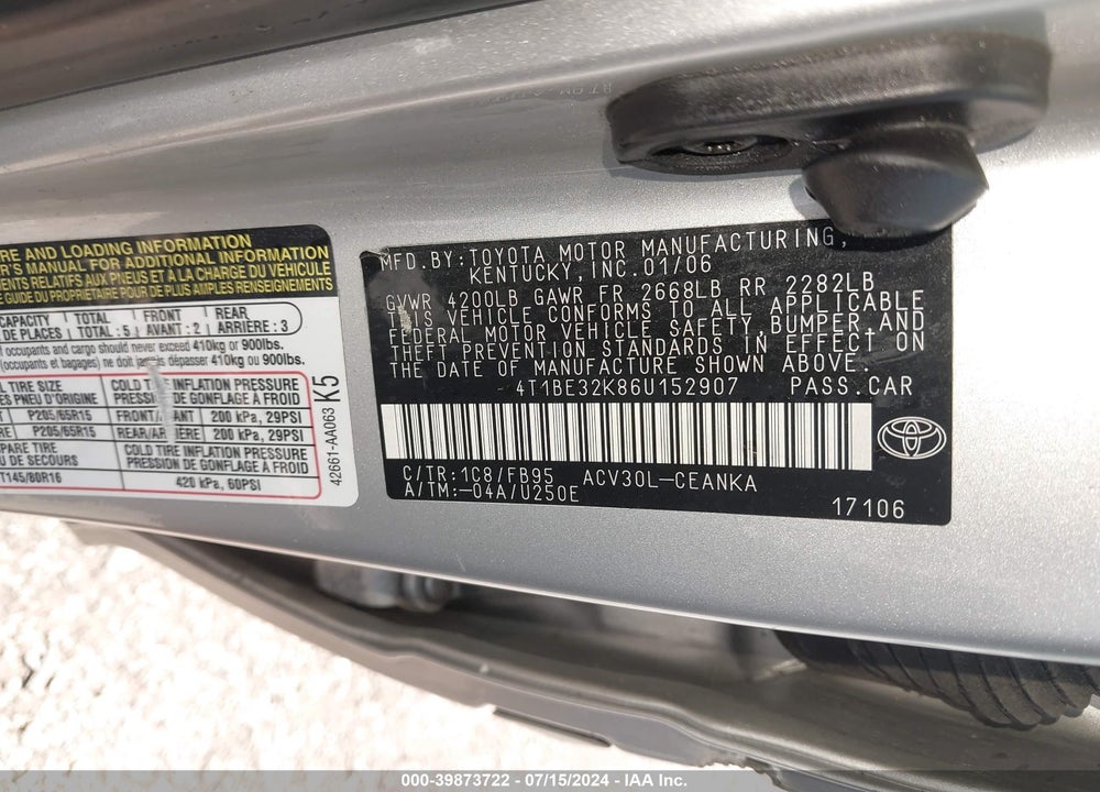 2006 TOYOTA CAMRY STD/ VIN: 4T1BE32K86U152907