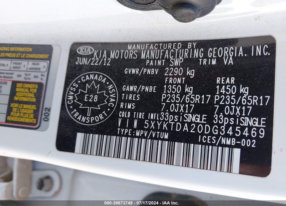 2013 KIA SORENTO LX VIN: 5XYKTDA20D0345469