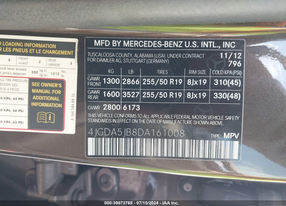 2013 MERCEDES-BENZ ML 350 VIN: 4JGDA5JB8DA161008