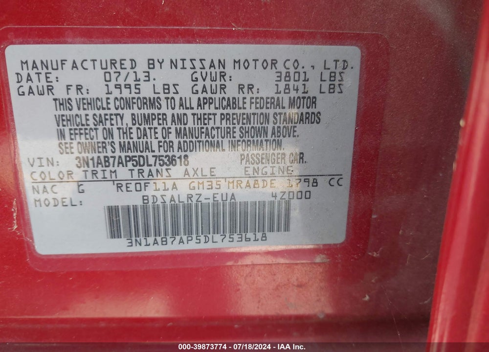 2013 NISSAN SENTRA SR VIN: 3N1AB7AP5DL753618