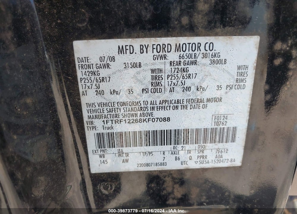 2008 FORD F-150 STX/XL/XLT VIN: 1FTRF12268KF07088