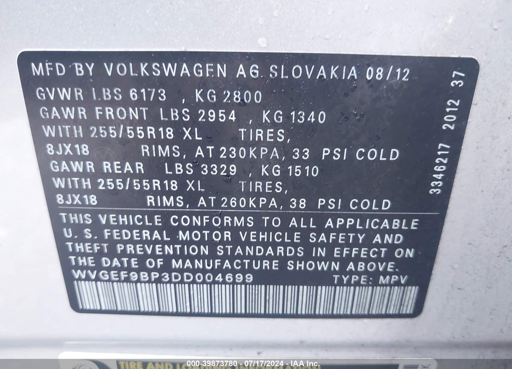 2013 VOLKSWAGEN TOUAREG VR6 SPORT VIN: WVGEF9BP3DD004699