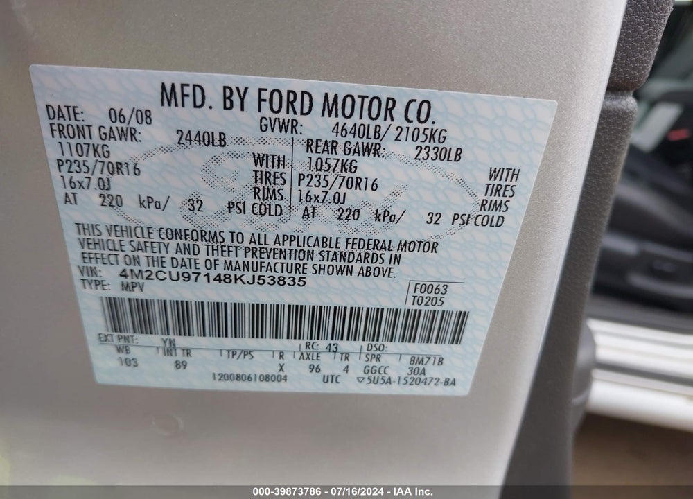 2008 MERCURY MARINER PREMIER VIN: 4M2CU97148KJ53835