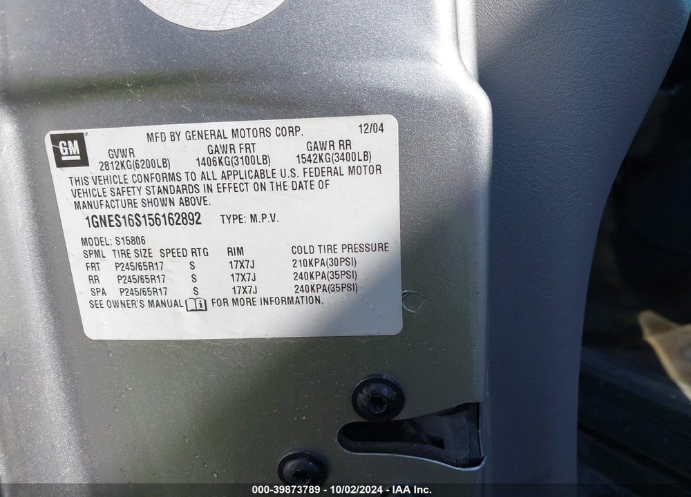 2005 CHEVROLET TRAILBLAZER EXT LS VIN: 1GNES16S156162892