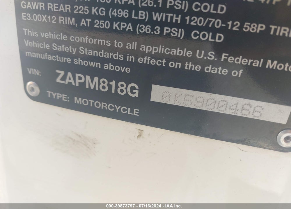 2019 VESPA PRIMAVERA 150 VIN: ZAPM818G0K5900466