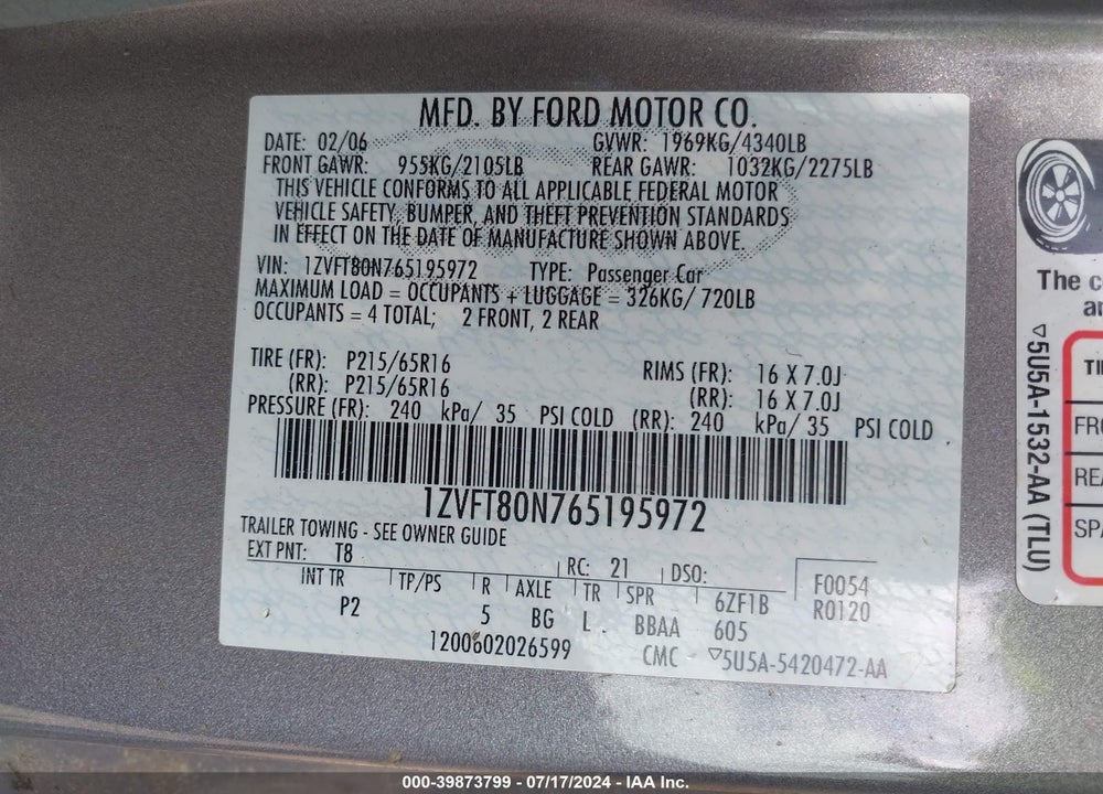 2006 FORD MUSTANG V6 VIN: 1ZVFT80N765195972