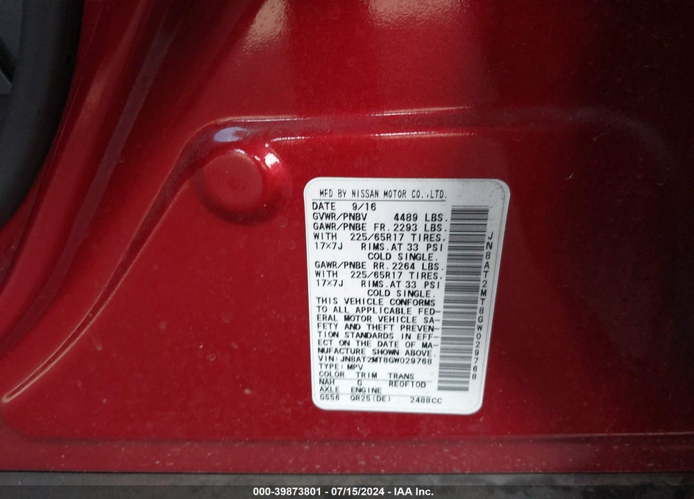 2016 NISSAN ROGUE S VIN: JN8AT2MT8GW029768