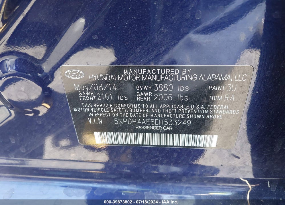 2014 HYUNDAI ELANTRA SE VIN: 5NPDH4AE8EH533249