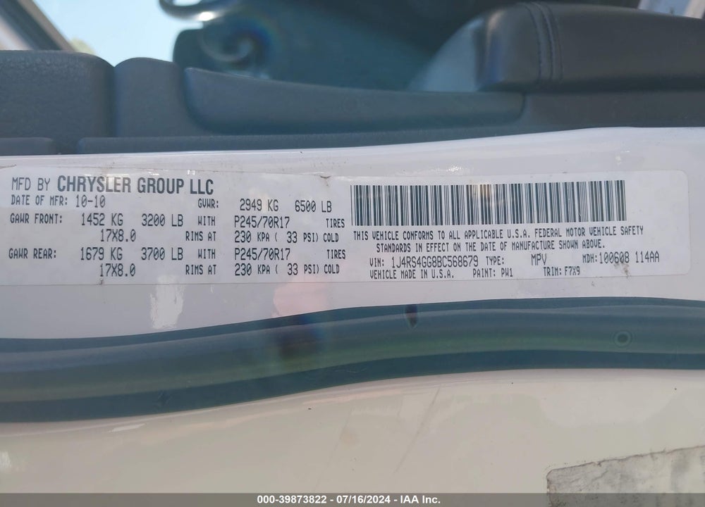 2011 JEEP GRAND CHEROKEE LAREDO VIN: 1J4RS4GG8BC568679