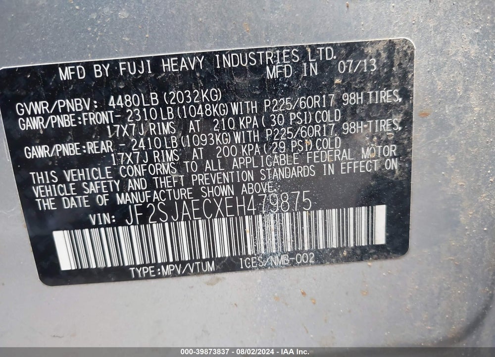 2014 SUBARU FORESTER 2.5I PREMIUM VIN: JF2SJAECXEH479875