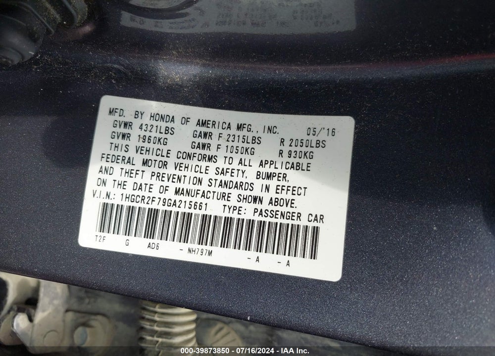 2016 HONDA ACCORD EX VIN: 1HGCR2F79GA215661