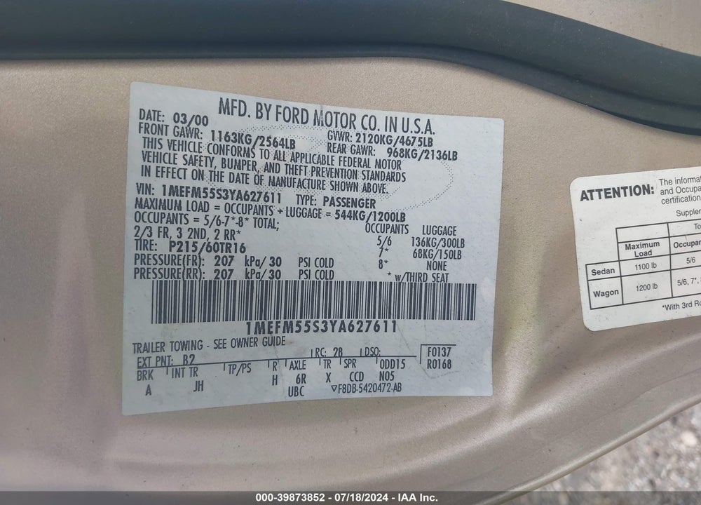 2000 MERCURY SABLE LS PREMIUM VIN: 1MEFM55S3YA627611