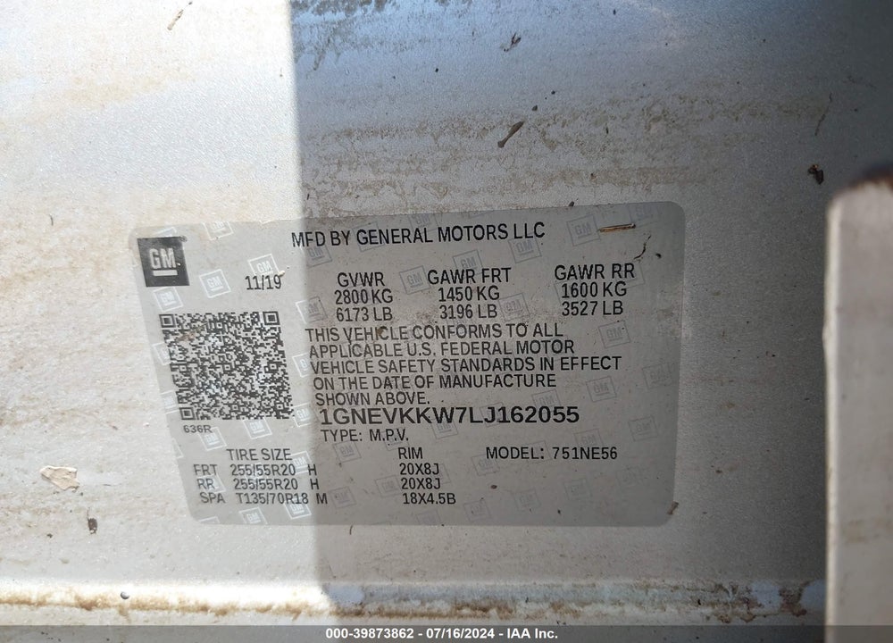 2020 CHEVROLET TRAVERSE AWD PREMIER VIN: 1GNEVKKW7LJ162055