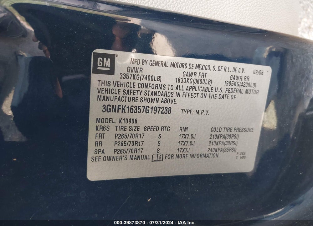 2007 CHEVROLET SUBURBAN 1500 LT VIN: 3GNFK16357G197238