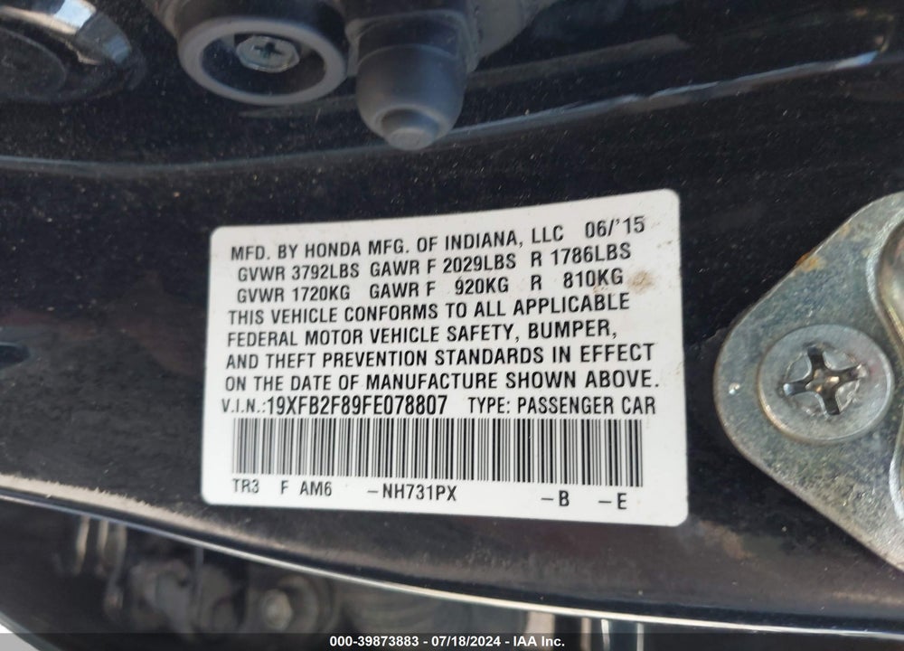 2015 HONDA CIVIC EX VIN: 19XFB2F89FE078807