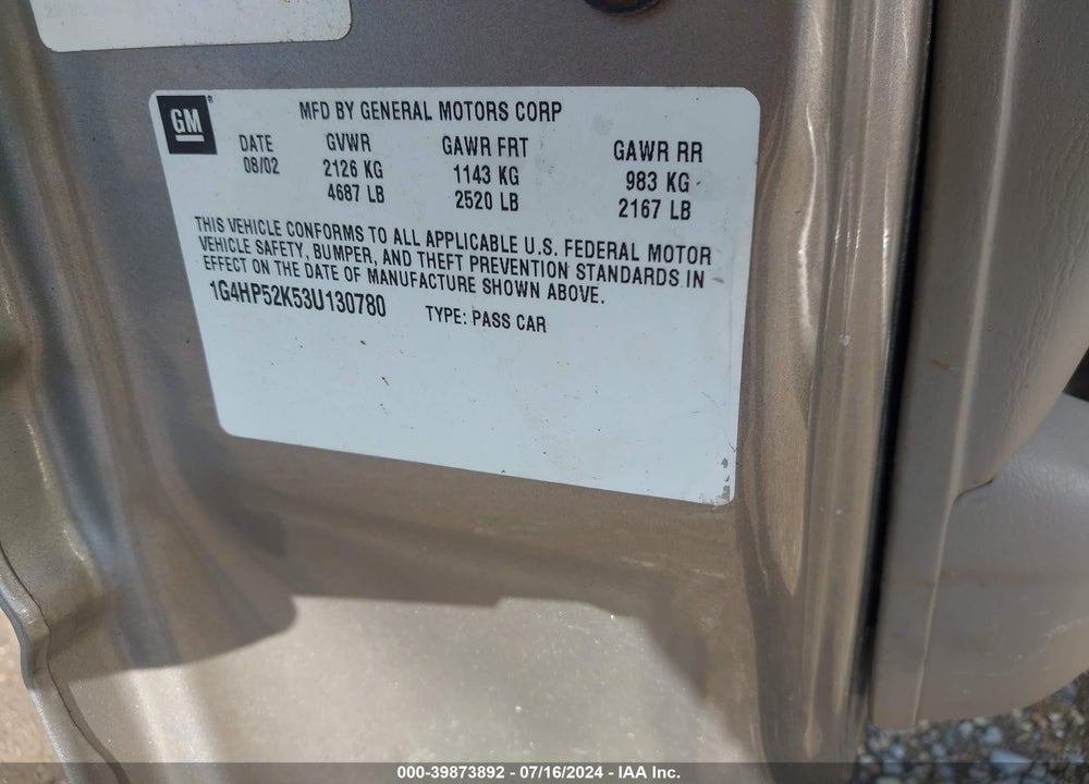 2003 BUICK LESABRE CUSTOM VIN: 1G4HP52K53U130780