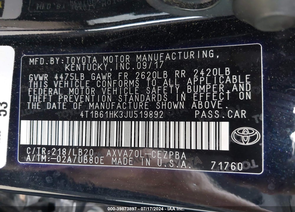 2018 TOYOTA CAMRY XSE VIN: 4T1B61HK3JU519892
