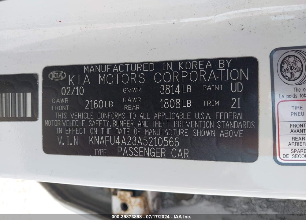 2010 KIA FORTE EX VIN: KNAFU4A23A5210566