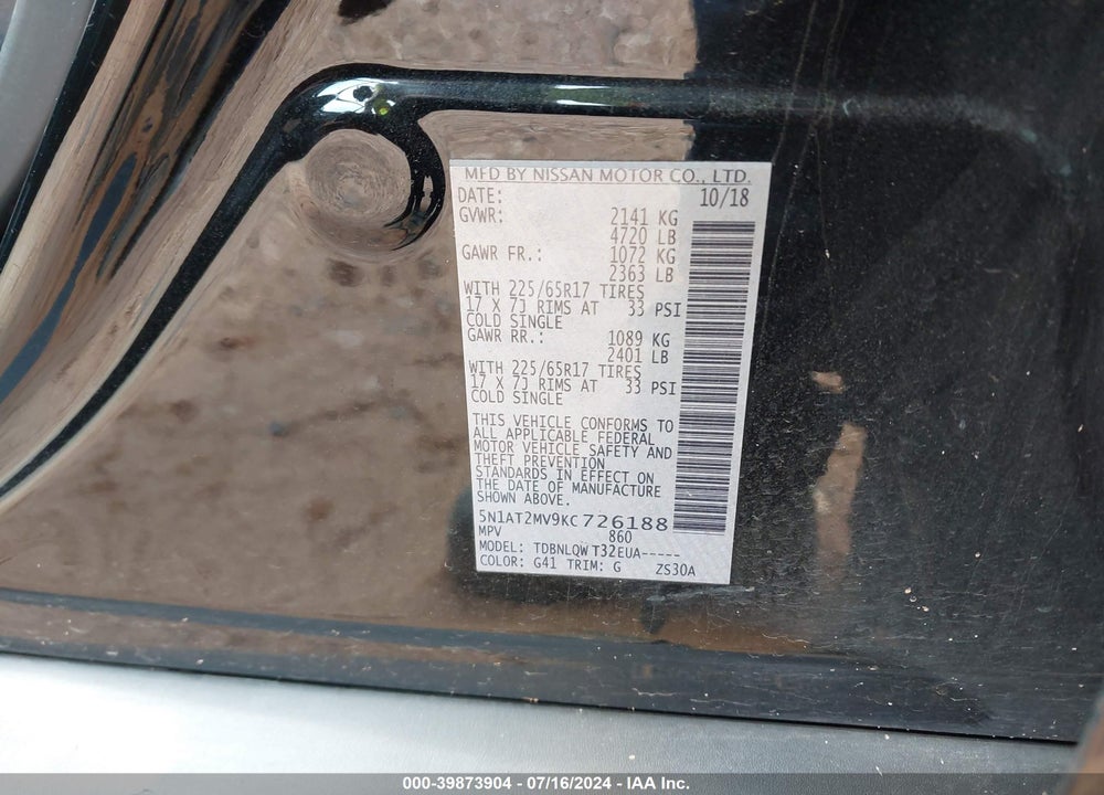 2019 NISSAN ROGUE SV VIN: 5N1AT2MV9KC726188