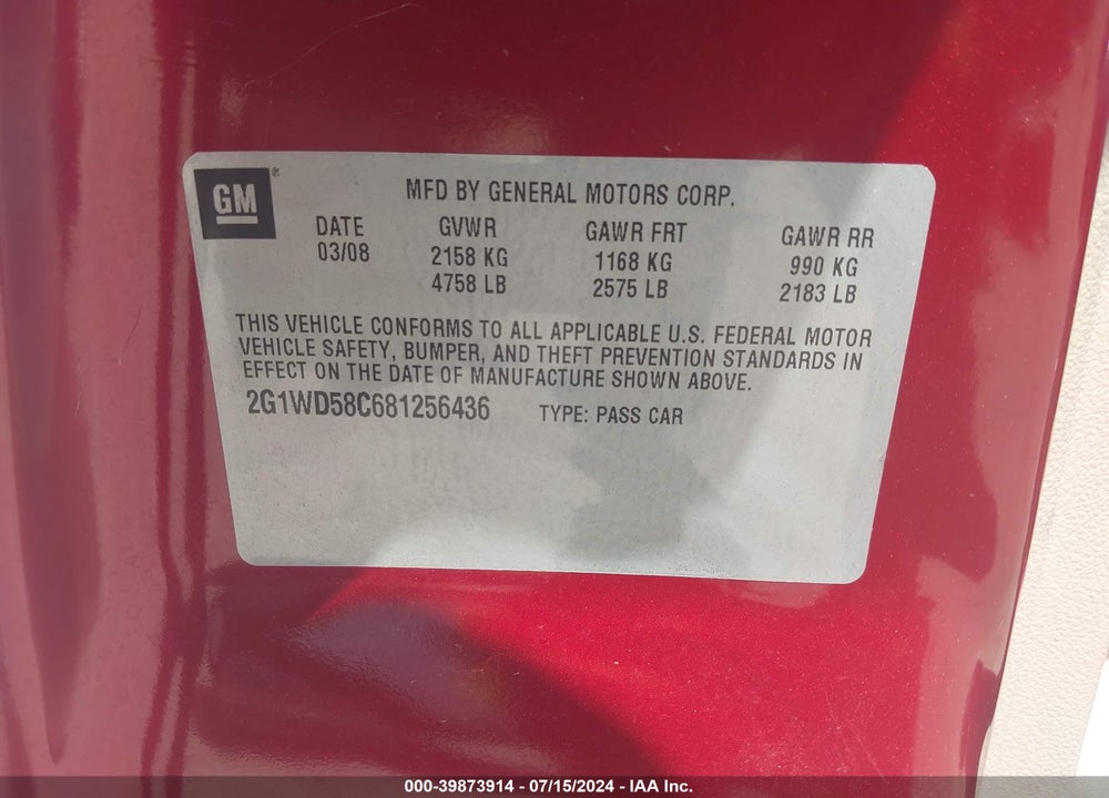 2008 CHEVROLET IMPALA  SS VIN: 2G1WD58C681256436