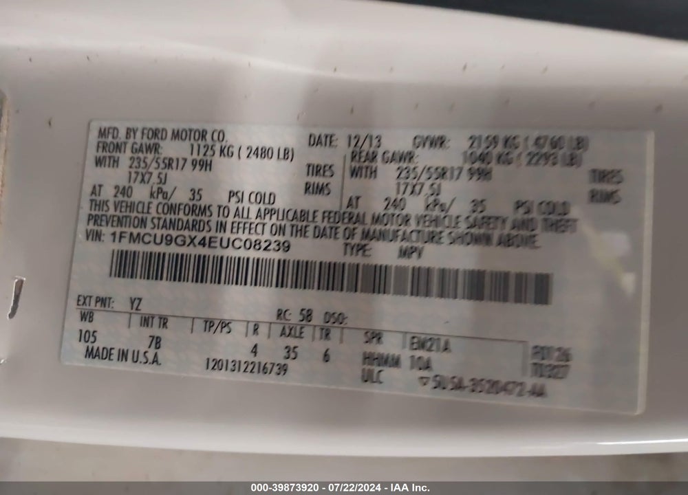 2014 FORD ESCAPE SE VIN: 1FMCU9GX4EUC08239