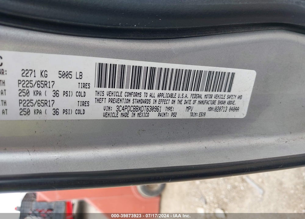 2013 DODGE JOURNEY SXT VIN: 3C4PDCBBXDT630961
