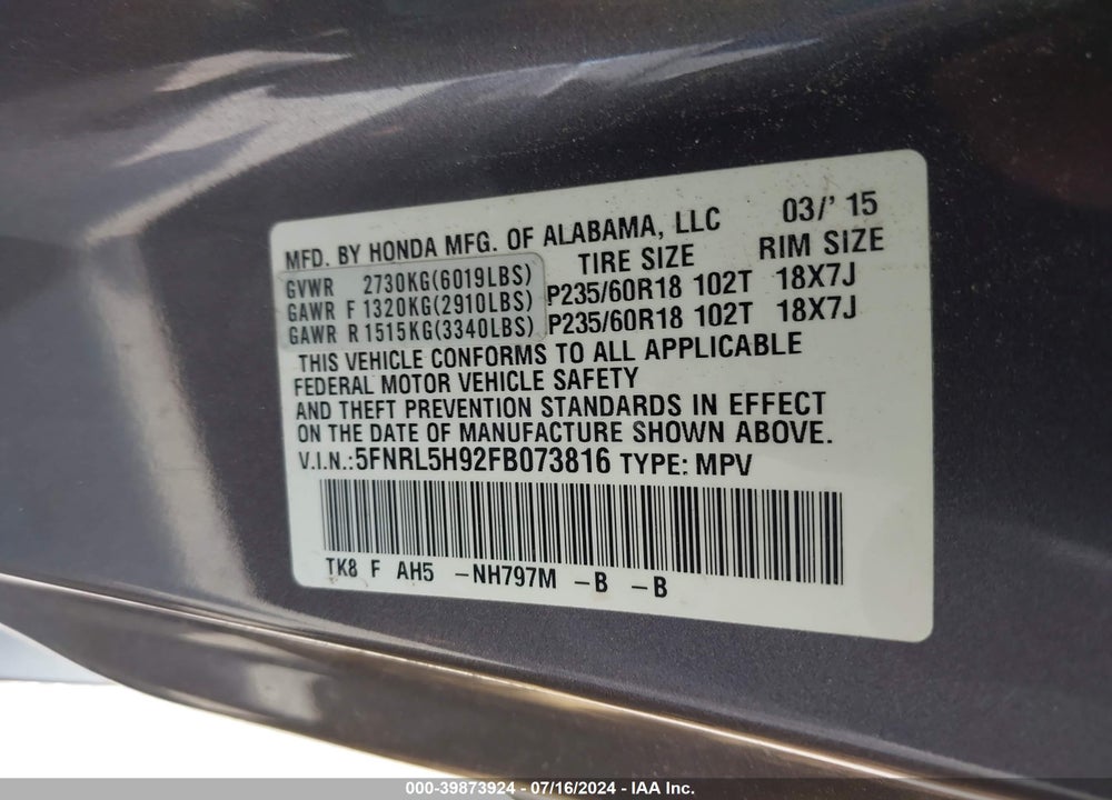 2015 HONDA ODYSSEY TOURING/TOURING ELITE VIN: 5FNRL5H92FB073816