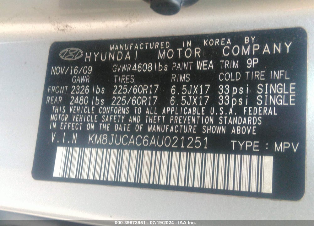 2010 HYUNDAI TUCSON GLS VIN: KM8JUCAC6AU021251