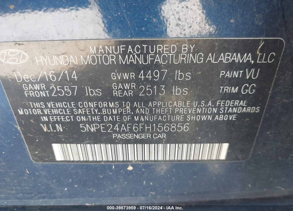 2015 HYUNDAI SONATA SE VIN: 5NPE24AF6FH156856