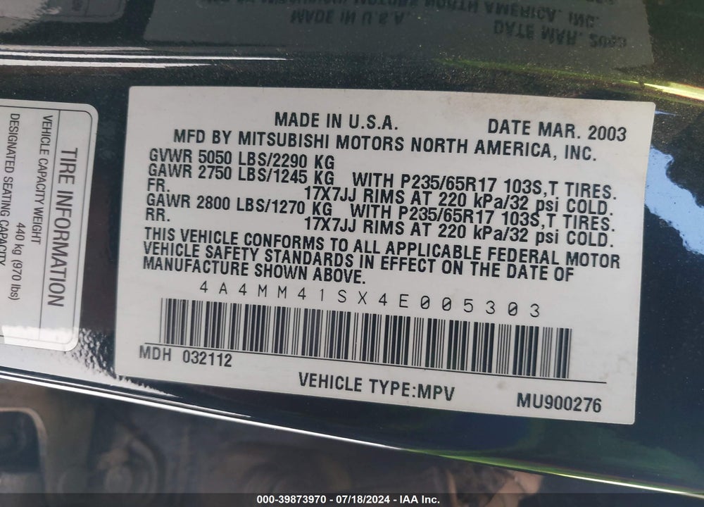 2004 MITSUBISHI ENDEAVOR LIMITED VIN: 4A4MM41SX4E005303
