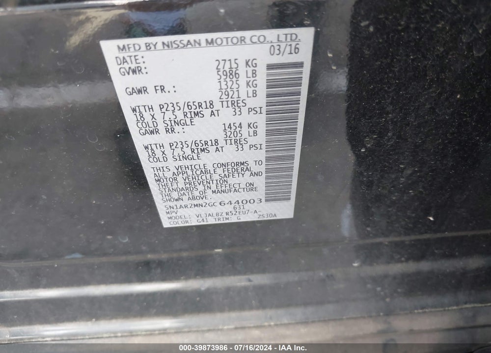 2016 NISSAN PATHFINDER S VIN: 5N1AR2MN2GC644003