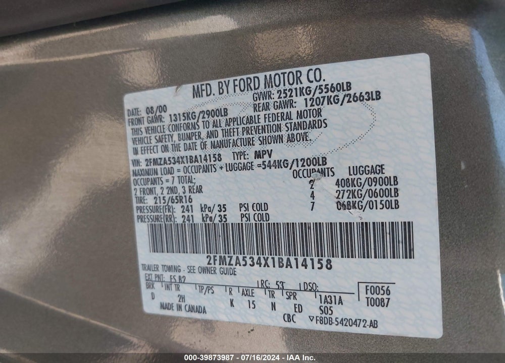 2001 FORD WINDSTAR SEL VIN: 2FMZA534X1BA14158