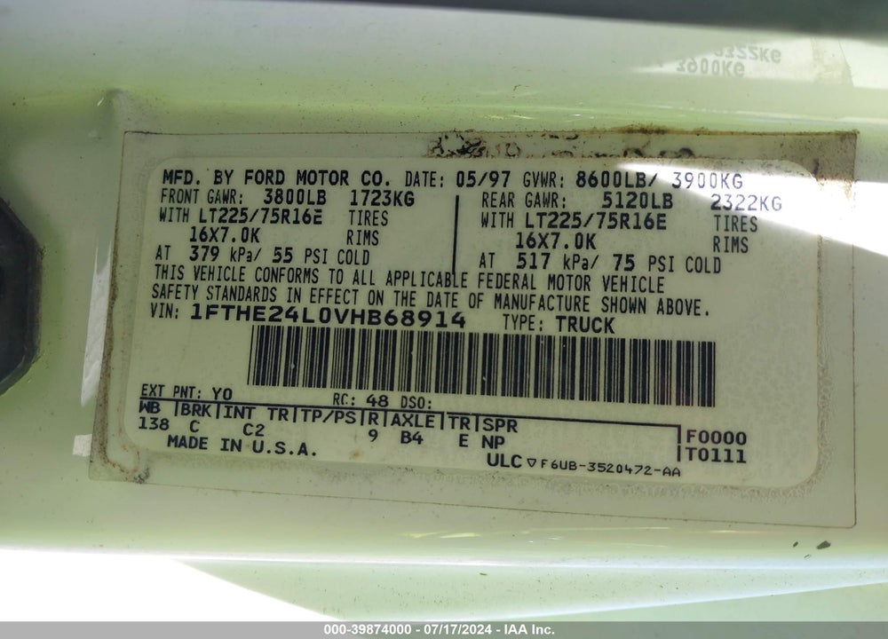 1997 FORD E-250 STANDARD VIN: 1FTHE24L0VHB68914