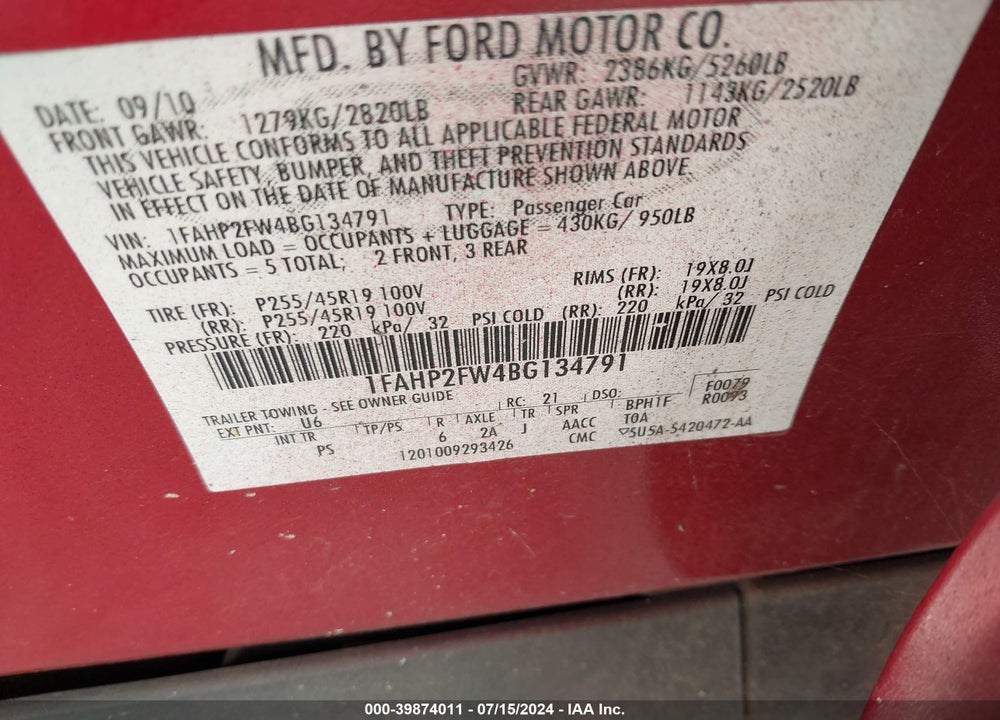 2011 FORD TAURUS LIMITED VIN: 1FAHP2FW4BG134791