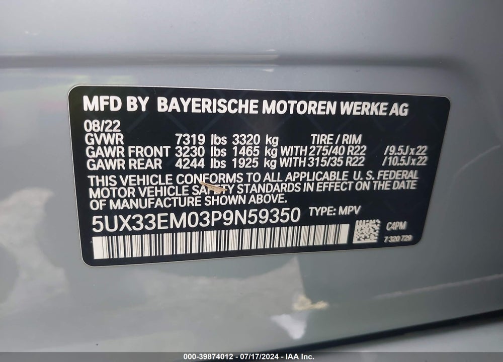 2023 BMW X7 M60I VIN: 5UX33EM03P9N59350