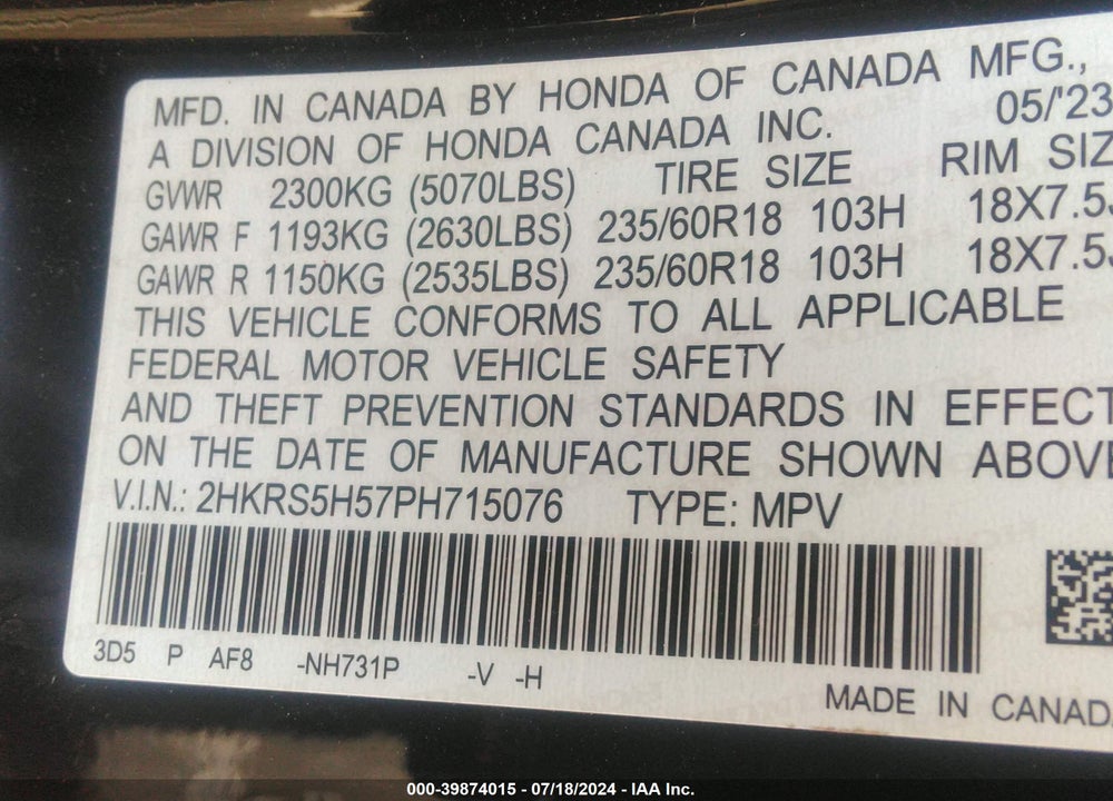 2023 HONDA CR-V HYBRID SPORT VIN: 2HKRS5H57PH715076