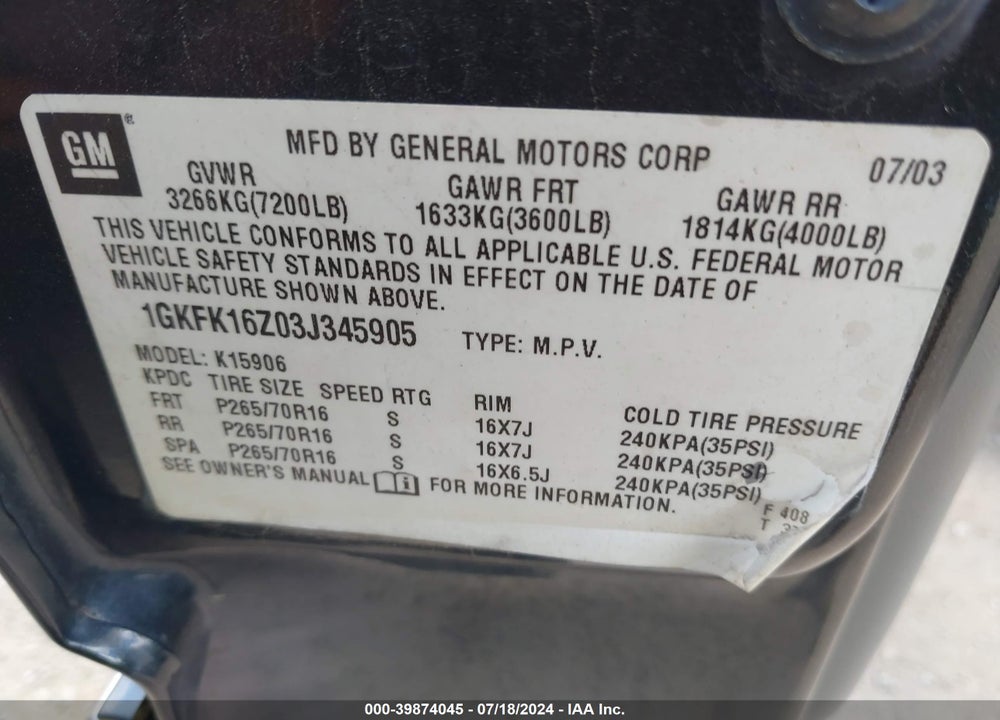 2003 GMC YUKON XL 1500 SLE VIN: 1GKFK16Z03J345905