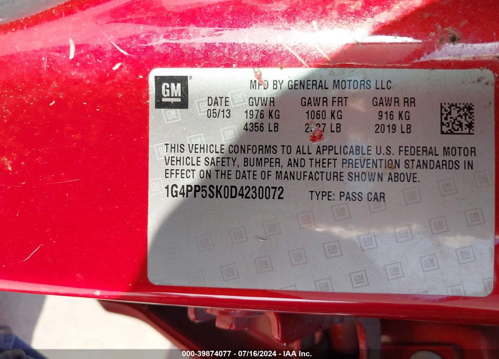 2013 BUICK VERANO VIN: 1G4PP5SK0D4230072