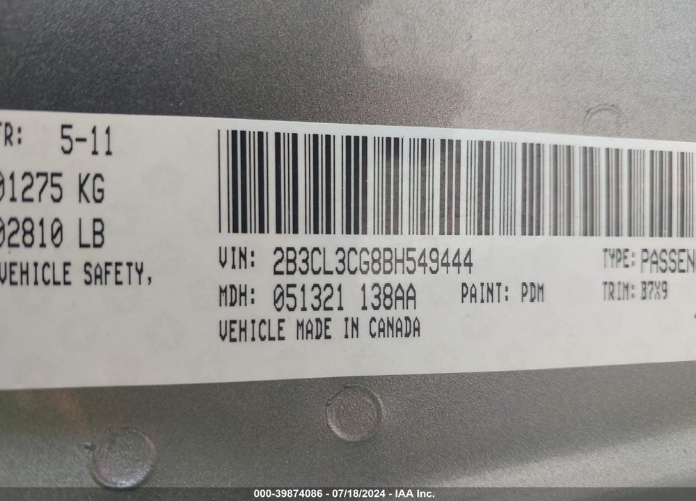 2011 DODGE CHARGER VIN: 2B3CL3CG8BH549444