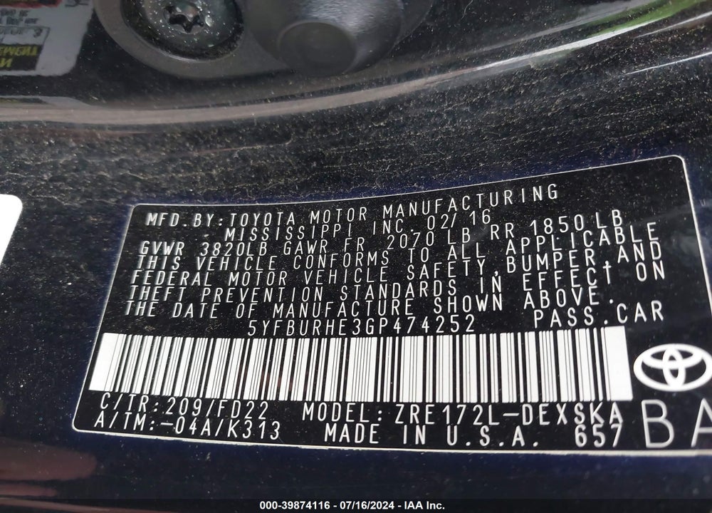 2016 TOYOTA COROLLA VIN: 5YFBURHE3GP474252
