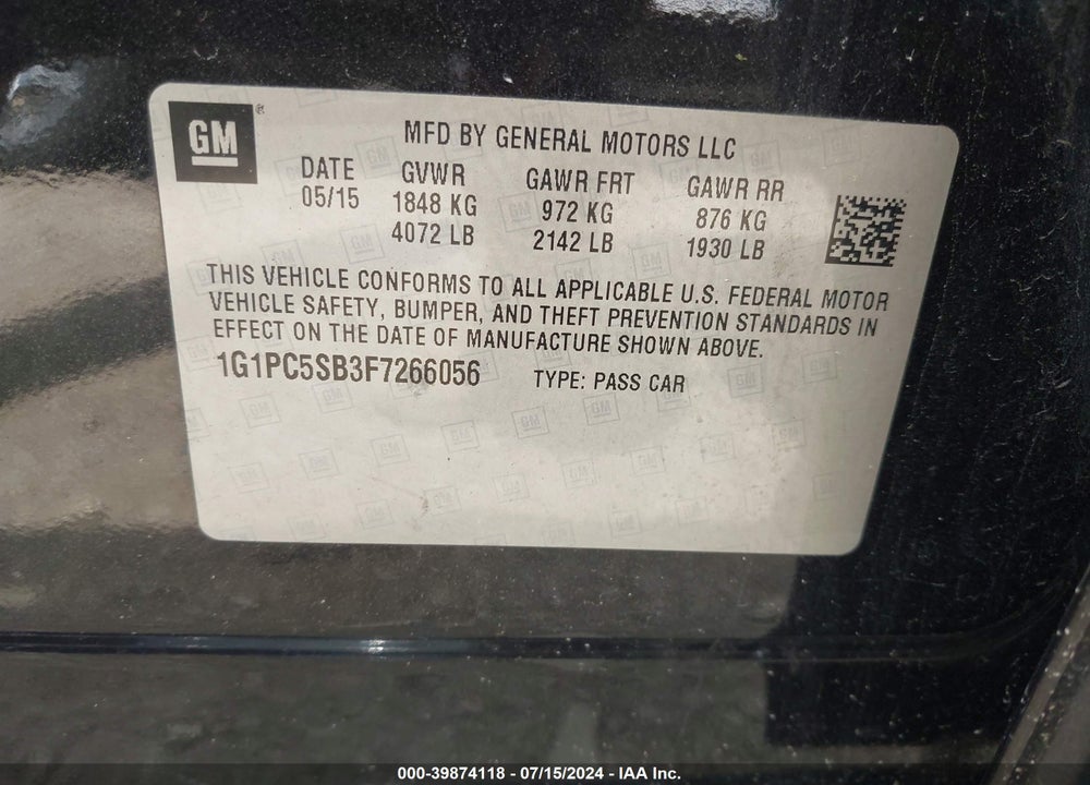 2015 CHEVROLET CRUZE 1LT AUTO VIN: 1G1PC5SB3F7266056