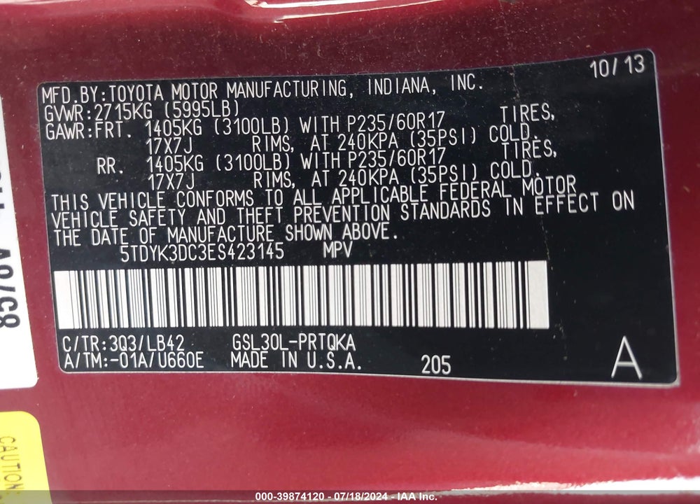 2014 TOYOTA SIENNA XLE V6 8 PASSENGER VIN: 5TDYK3DC3ES423145