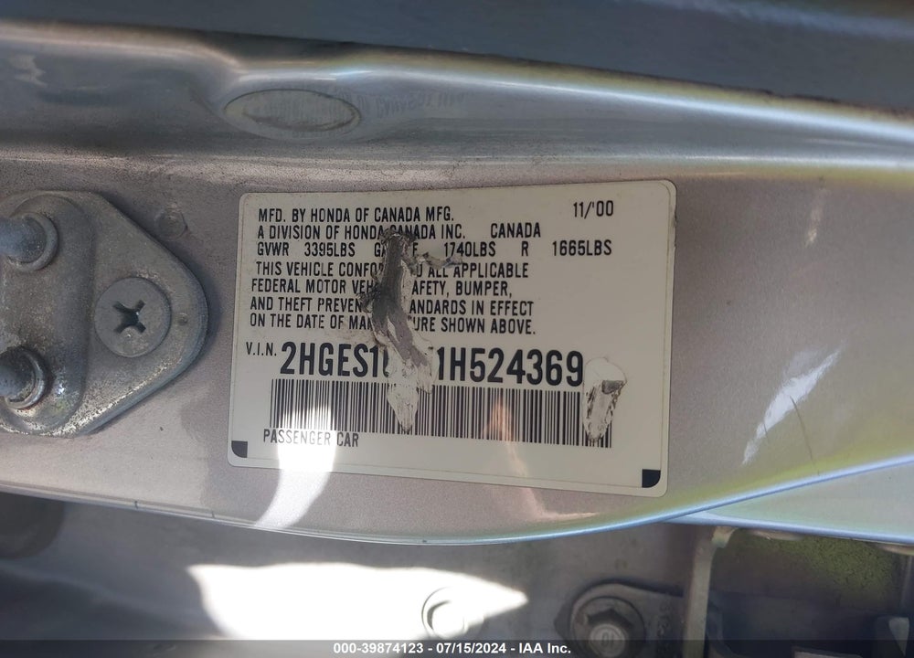 2001 HONDA CIVIC LX VIN: 2HGES16541H524369