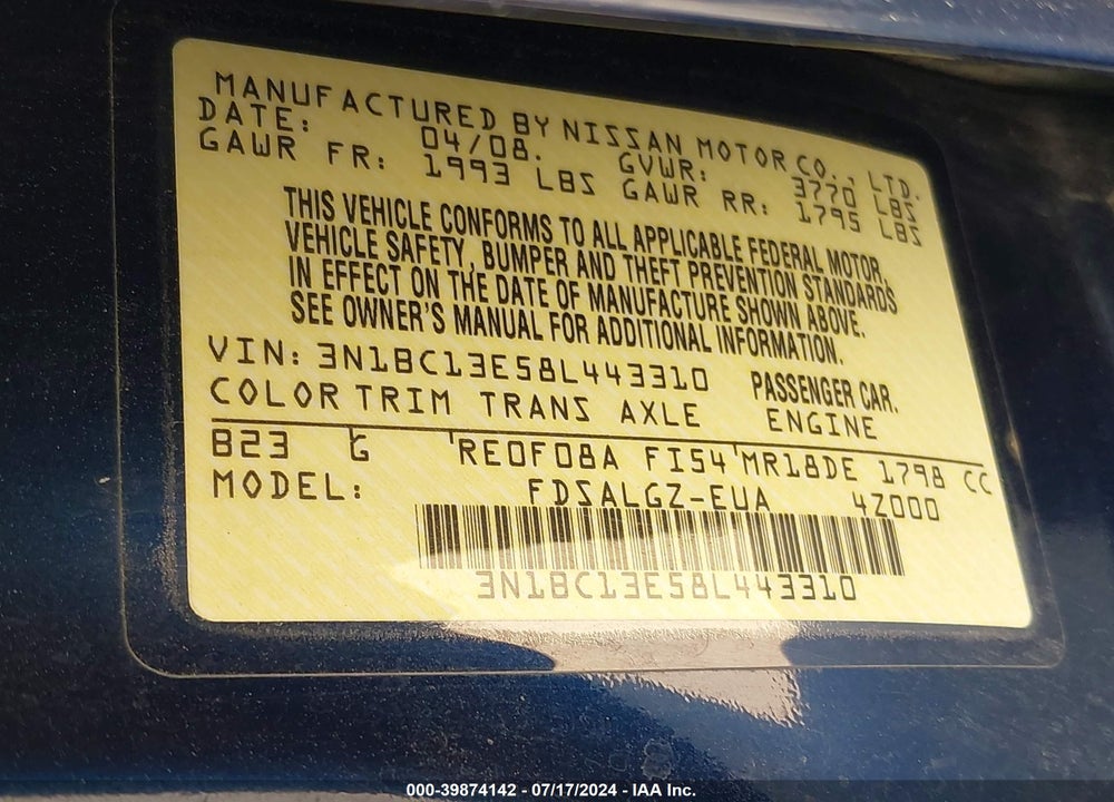 2008 NISSAN VERSA 1.8SL VIN: 3N1BC13E58L443310