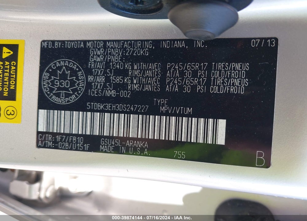 2013 TOYOTA HIGHLANDER VIN: 5TDBK3EH3DS247227